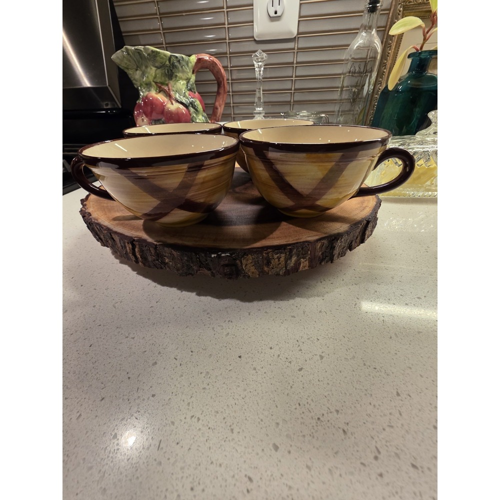 Set Of 4 VernonWare Teacups Vintage Organdie Yellow Brown